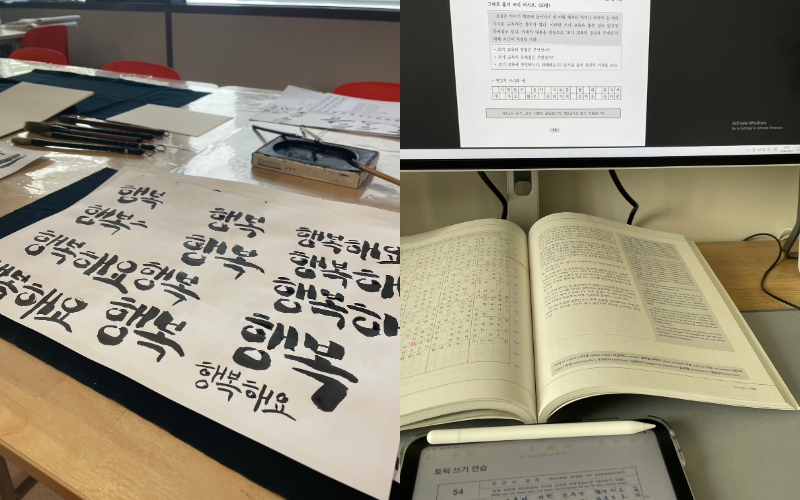 Mari Piirisalu during her study moments with Korean calligraphy and language materials — a glimpse into her learning journey. 