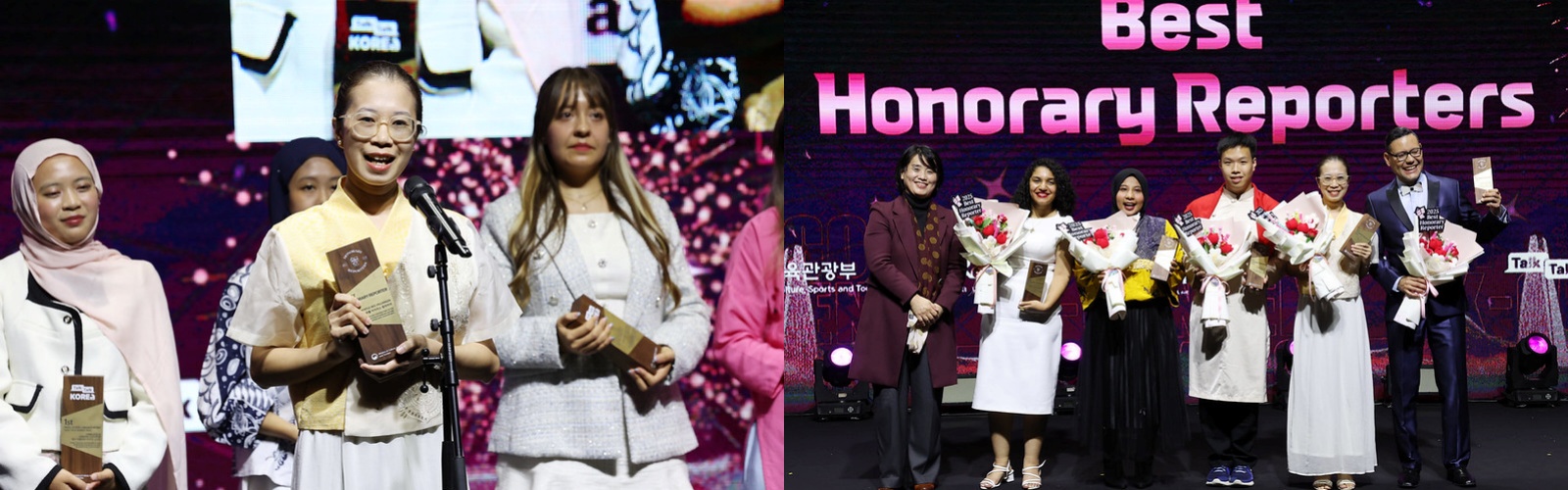 ▲ ▲(왼쪽) 수상소감을 발표하고 있는 인도네시아 출신 마우리디야 푸트리아지. (오른쪽) 올해 K-인플루언서로 선발된 우수활동가 5인 