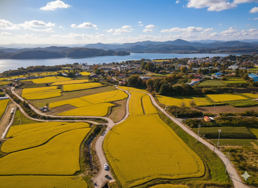 This is an aerial view of the township of Daeheung-myeon in Yesan-gun County, Chungcheongnam-do Province, a venue registered as a slow city.