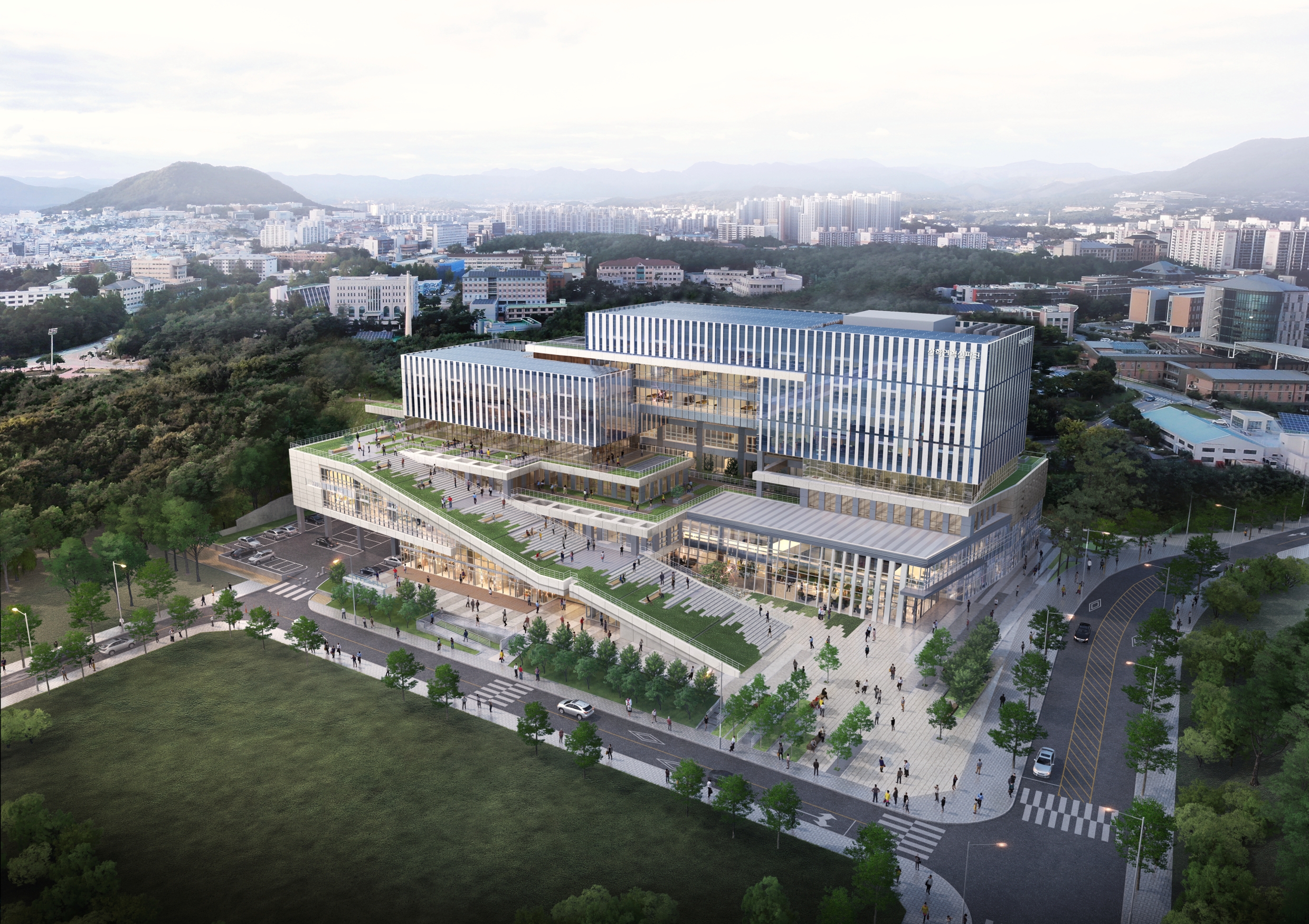 This is an aerial view of Kangwon National University's Campus Innovation Park slated for completion by May 2026. The school is the nation's first national or public university picked for the Campus Innovation Park Creation Project, which seeks to turn idle campuses into urban cutting-edge industrial complexes.
