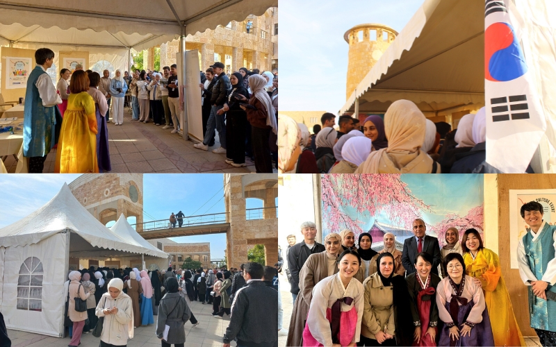 Top Right: The Korean flag and a landmark of the university, with a large crowd gathered in front of the event tent. (Aseel Al Sailawi) Top Left: The opening ceremony of the event. (Korean Cultural Center in Jordan). Bottom Right: The Korean Cultural Center organizers with the Dean of Student Affairs at the event's closing (Aseel Al Sailawi). Bottom Left: The event tent from the exterior in the middle of the university campus. (Korean Cultural Center in Jordan).