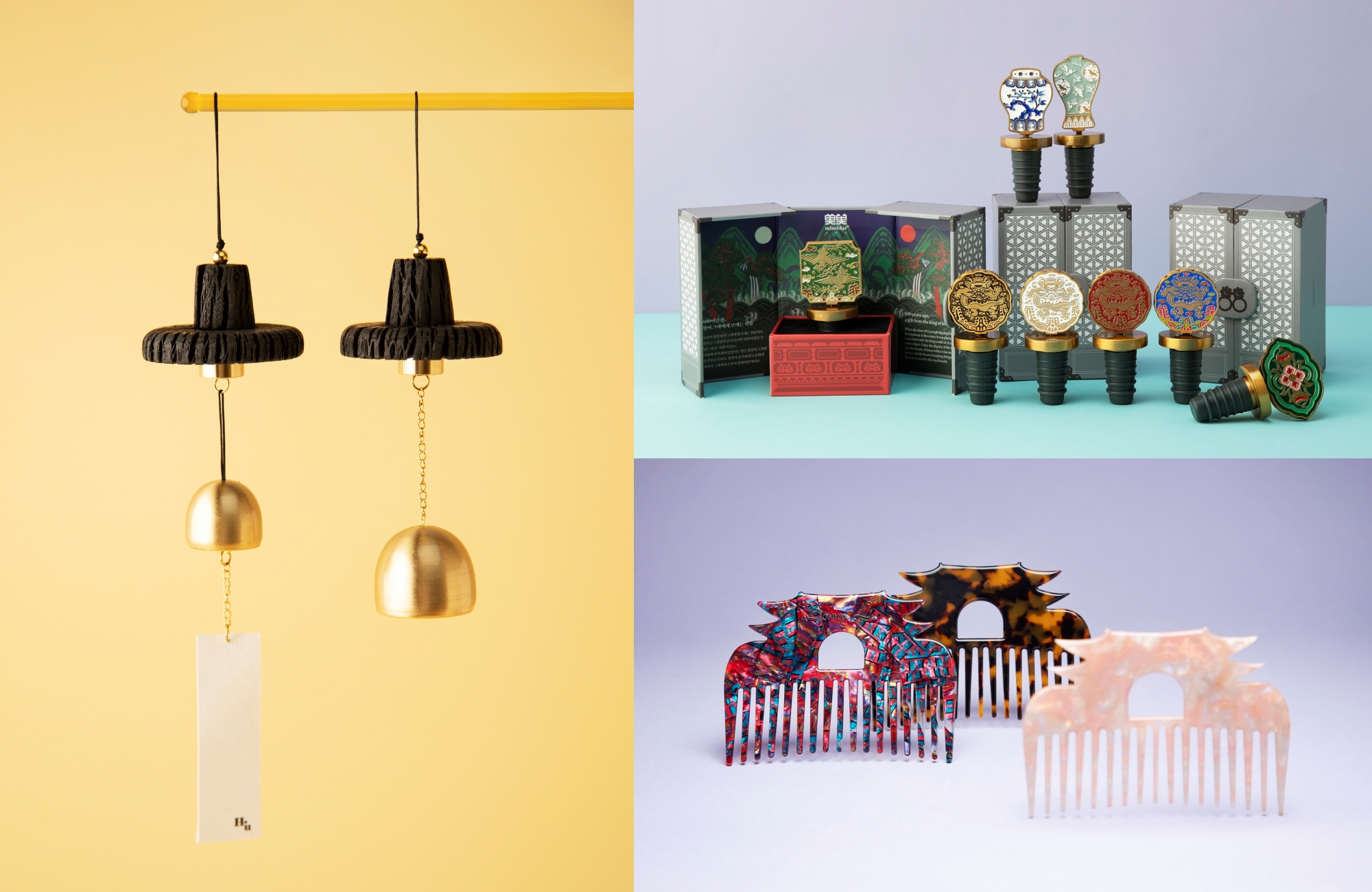 Clockwise from left are wind chimes shaped like the traditional men's hat gat that won the silver prize of the Ministry of Culture, Sports and Tourism at the Souvenir Fair; wine stoppers with royal seals of the Joseon Dynasty (1392-1910); and combs that received a special award from the Hyundai Department Store president. (Korea Tourism Organization) 