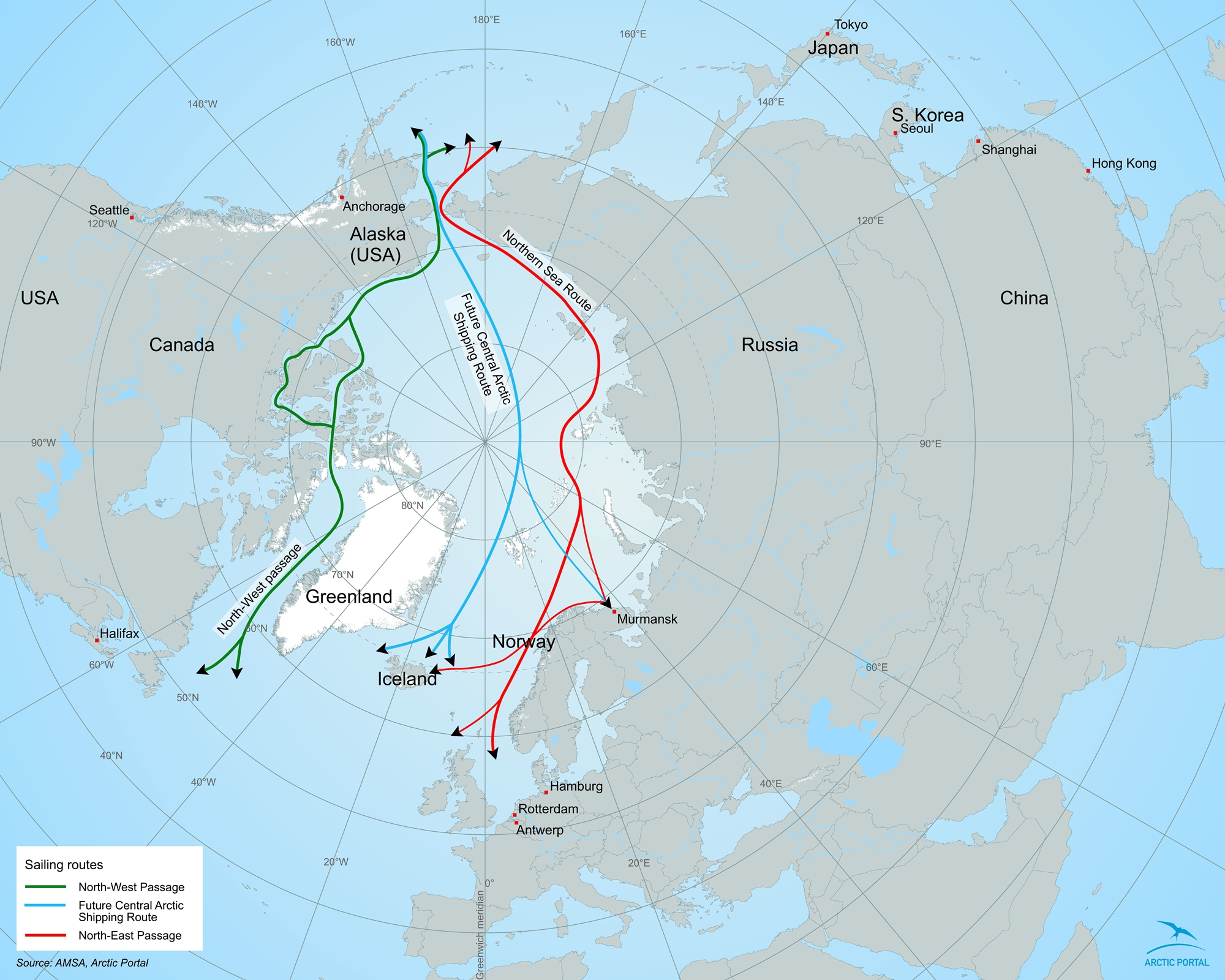 This map of the North Sea route shows the shipping distance from Busan to the Dutch city of Rotterdam via the Suez Canal as 20,000 km and requiring about 40 days. The Arctic route, however, slashes both distance and time to just 13,000 km and 30 days. (Arctic Portal)  
