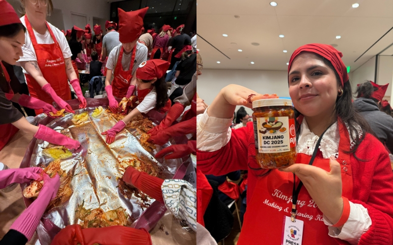 Left: Hands at work spreading the kimchi mixture onto cabbages. Right: Holding a container of the kimchi I prepared. 