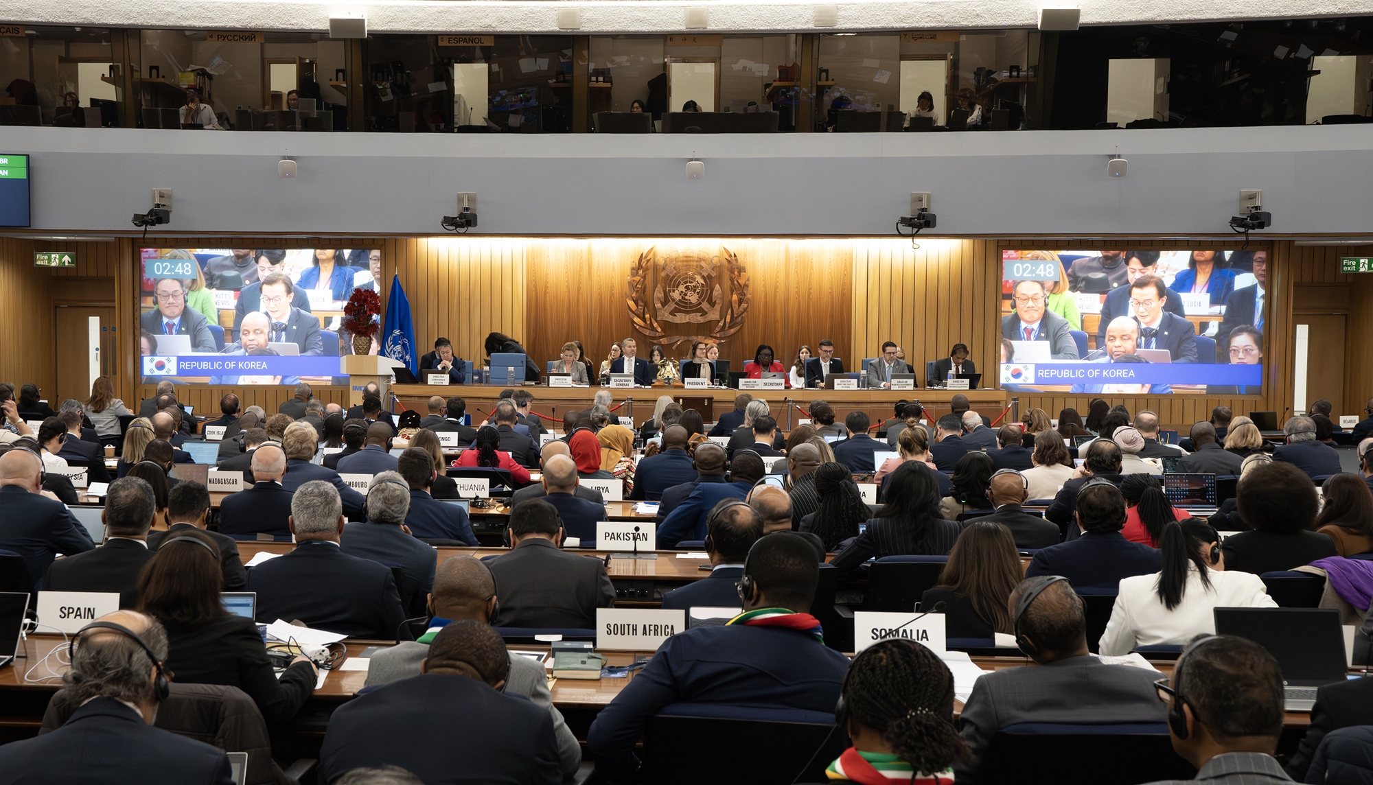 The Ministry of Oceans and Fisheries and the Ministry of Foreign Affairs on Nov. 28 announced the country's reelection to Group A of the International Maritime Organization (IMO) Council at the IMO General Assembly in London. Shown is Minister of Oceans and Fisheries Chun Jae-soo that day speaking at the event. (Ministry of Oceans and Fisheries)