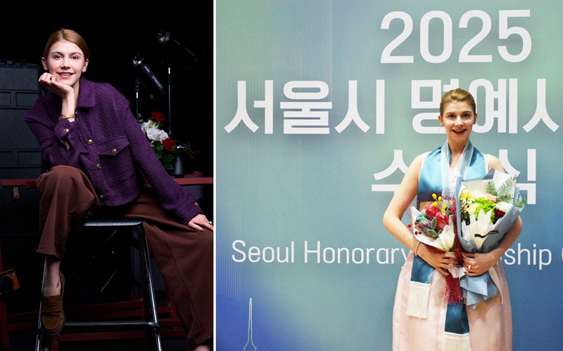 German artist Anna Rihlmann, poses with congratulatory flower bouquets (right) after receiving honorary citizenship of Seoul at the 2025 Seoul Honorary Citizenship Award Ceremony. (Joonha Shin Karv Studio, Bereket Alemayehu)