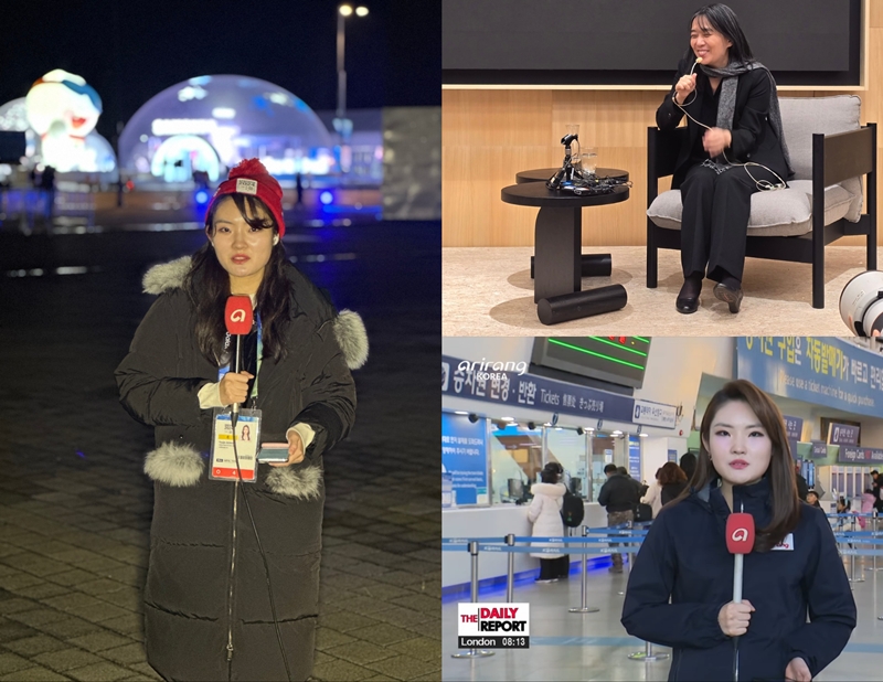 The first photo is a live report from the opening ceremony of the Gangwon Youth Winter Olympics, the second photo captures Korean author Han Kang during her press conference with Korean media in Sweden during Nobel week 2024, and the last is of the Lunar New Year holiday travel rush live from Seoul station.