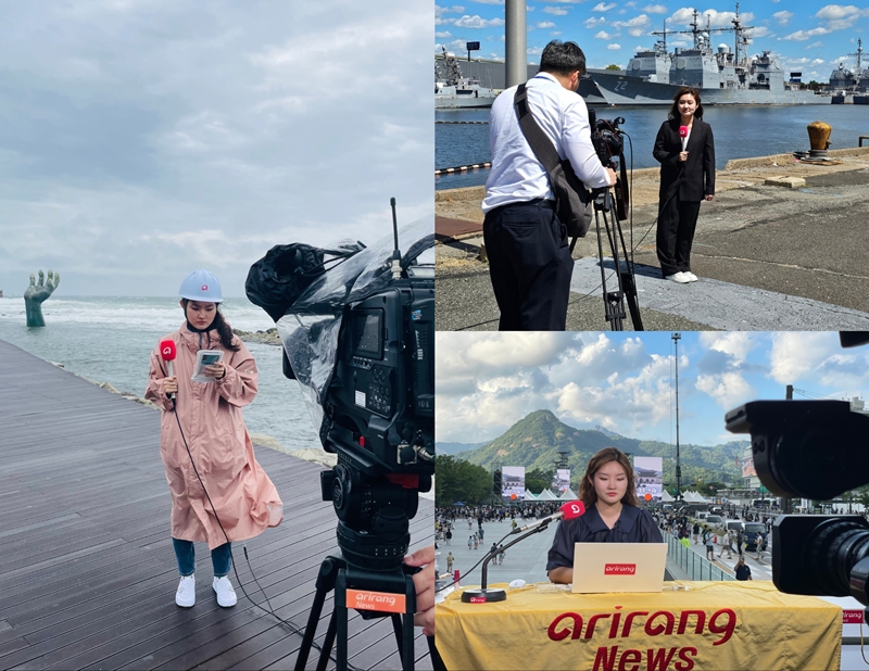 Left: Song reporting live from Pohang ahead Typhoon Khanun's landfall; Top-right: Song filming a stand-up at the Hanwha Philly Shipyard in Philadelphia while travelling with President Lee during his U.S. visit for the ROK-U.S. summit; Bottom-right: moments before the Korean Liberation Day live.