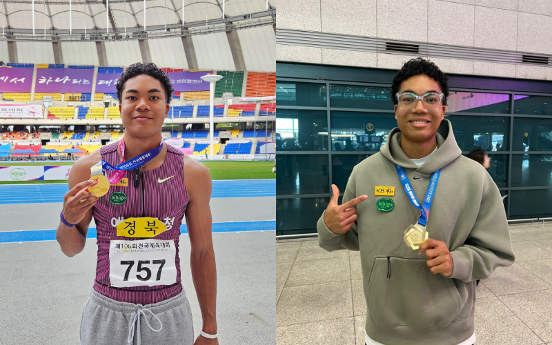 Joel is pictured on the left holding his gold medal from the 100m event at the 106th National Sports Festival in Busan, 2025, and on the right with the gold medal he won in the 4×100m at the 2025 Rhine-Ruhr World University Games (U Games) in Germany. 