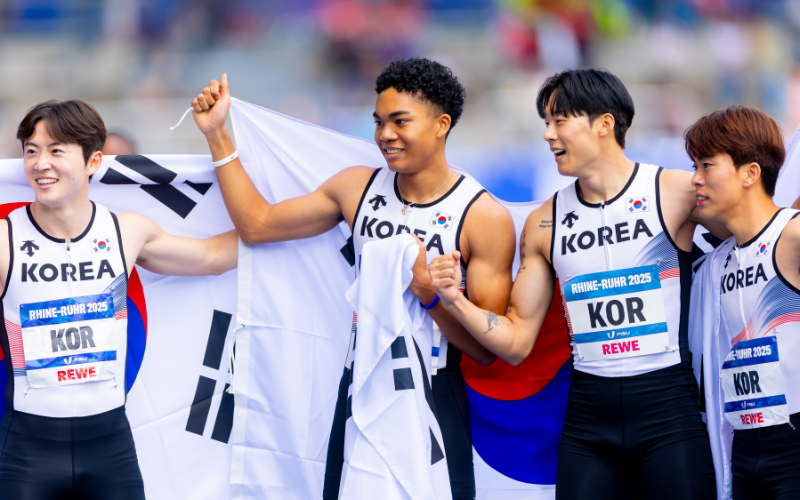 Nwamadi is pictured alongside his fellow members of the Korean national team after they won the gold medal in the men’s 4×100m relay at the 2025 FISU World University Games.
