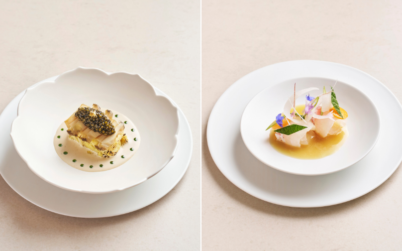 Jeonbok dish. Jeju abalone, pine nut and seaweed vinaigrette (left). Domi, a sashimi dish of seabream , daikon ribbons and lemon soy vinaigrette (right).