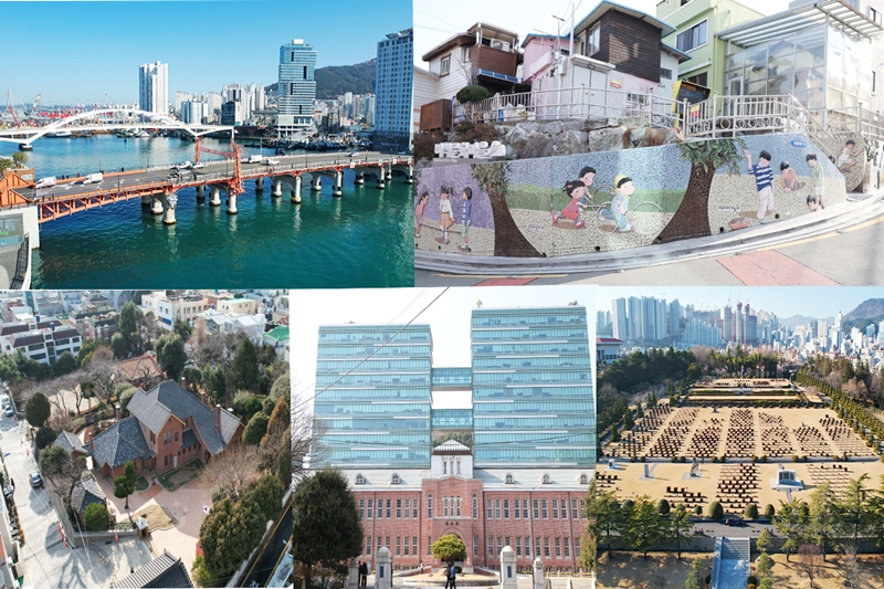 These five places are among the 11 Sites of the Busan Wartime Capital. Clockwise from left are Yeongdo Bridge, Ami-dong Tombstone Culture Village, United Nations Memorial Cemetery in Korea, Temporary Government Complex (Government Building of the Provisional Capital, Busan) and Temporary Presidential Residence (Gyeongmudae). 