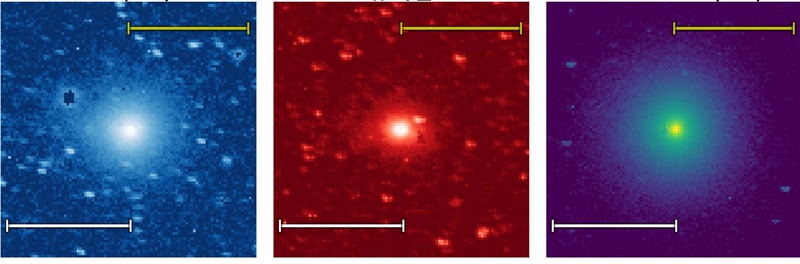 These are photos taken by the space telescope Spherex of (from left to right) water, organic matter and carbon dioxide emitted from an interstellar comet. (Korea Astronomy and Space Science Institute)