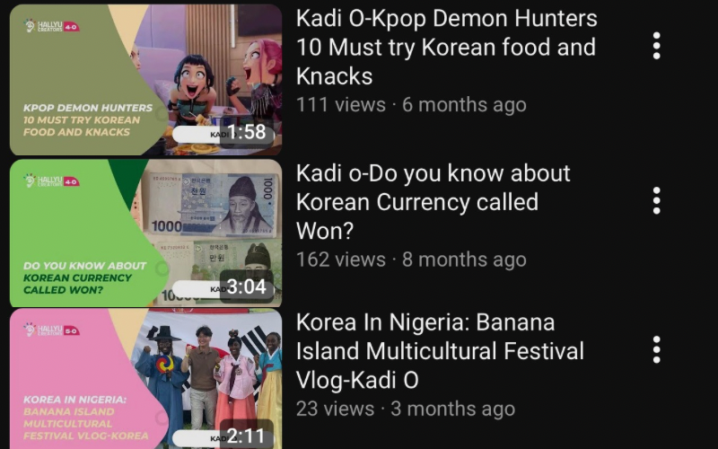 Some videos created by Kadishi Oliseh for the Korean Cultural Centre Nigeria Hallyu Creator Program.