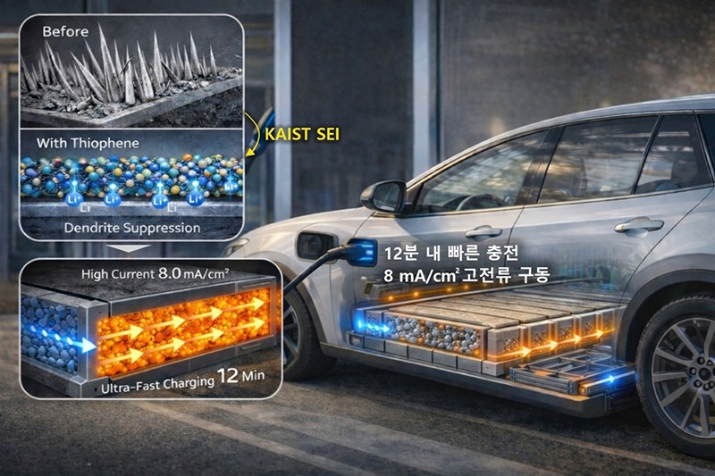 This artificial intelligence-generated image shows how a lithium metal battery can suppress dendrite growth through the addition of thiophene to an electrolyte. (Korea Advanced Institute of Science and Technology)