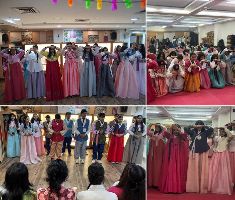 Dressed in Hanbok, participants practice sebae after learning its cultural significance. (Korean Cultural Centre India and Ayushi Kharayat)