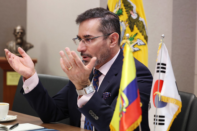  Ecuadorian Ambassador to Korea Patricio Esteban Troya Suarez on March 11 explains the direction of bilateral cooperation in an interview at his embassy in Seoul's Jongno-gu District.  