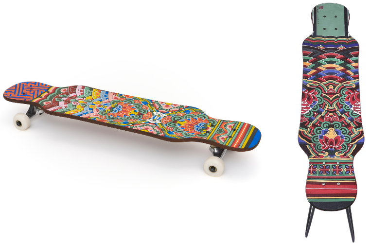 Dancheong in contemporary form by Ahn Yu-jin. Dancheong skateboard (left), and tabletop skateboard of Changbang Hall of Heungguksa Temple, Namyangju (2024) can be used for interior decoration (right). (Ahn Yu-Jin)