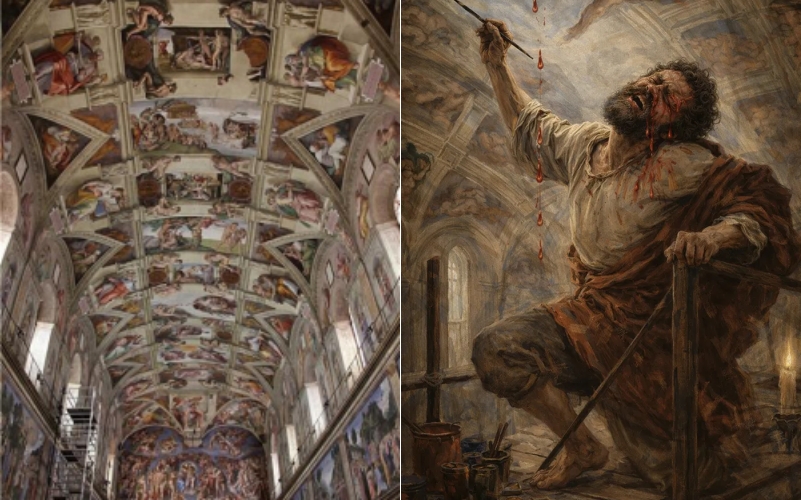 On the left is part of the ceiling of the Sistine Chapel in Vatican City and on the right is a hypothetical scene depicting Michelangelo painting his masterpiece. (KAIST)  