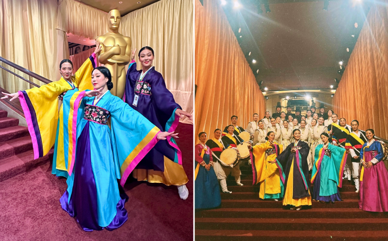 Dassy Lee in the center with fellow Korean dancers on the left picture, while the full cast of performers stands on the right picture.