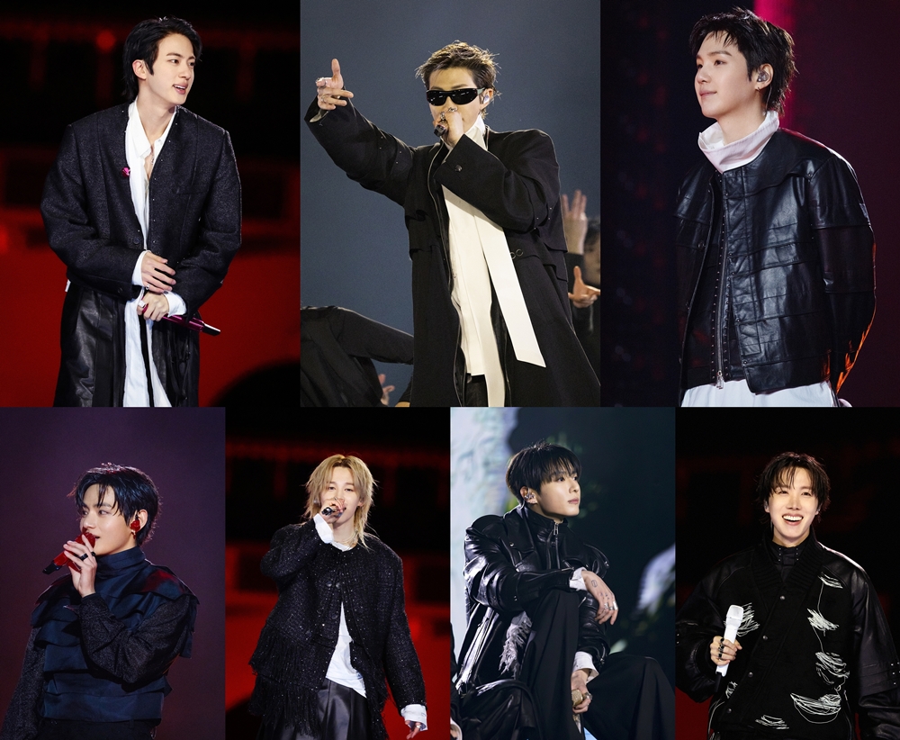 Jin (clockwise from left), RM, Suga, J-Hope, Jung Kook, Jimin and V on March 21 perform at their concert 
