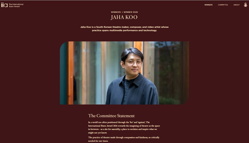 Koo Jaha, a Europe-based theater maker, composer and video artist, is the first Asian and youngest winner of the International Ibsen Award, which is often nicknamed the Nobel Prize of theater. (Screen capture from award's official website)