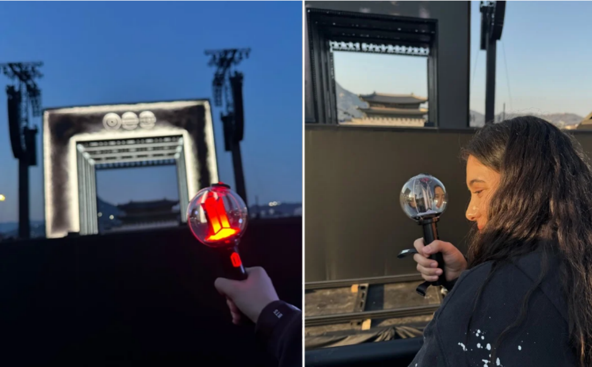 Vanessa Rivera (top) and Shashini Karunasena (bottom) holding BTS light sticks at the BTS concert in Seoul on March 21. Courtesy of Vanessa and Shashini. 