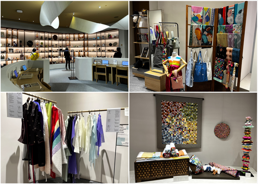 Korean Traditional Culture Center, November 2025: Korean cultural items and craft experience area (upper left), Korean products (upper right), Hanbok try-on area (lower left), and exhibition display (lower right).
