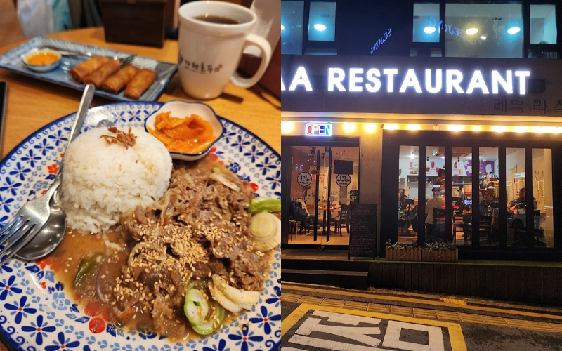 Tasting 'Bulgogi' (left), a marinated beef dish, at the Halal restaurant that blends Korean and Malaysian cuisine called 'Lubak La' in Myeondong - Photo taken by Honorary Reporter Imane Bouhnika