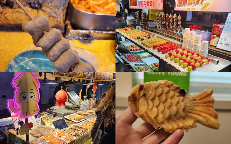 A collection of pictures that I took during my trip, gathering various street foods that I was able to consume as a muslim in Gwangjang Night Market and Myeongdong streets: Eomuk (Top Left) / Tanghulu (Top Right) / Squid crisps (Bottom Left) / Bungeoppang (Bottom Right) - Photo taken by Honorary Reporter Imane Bouhnika