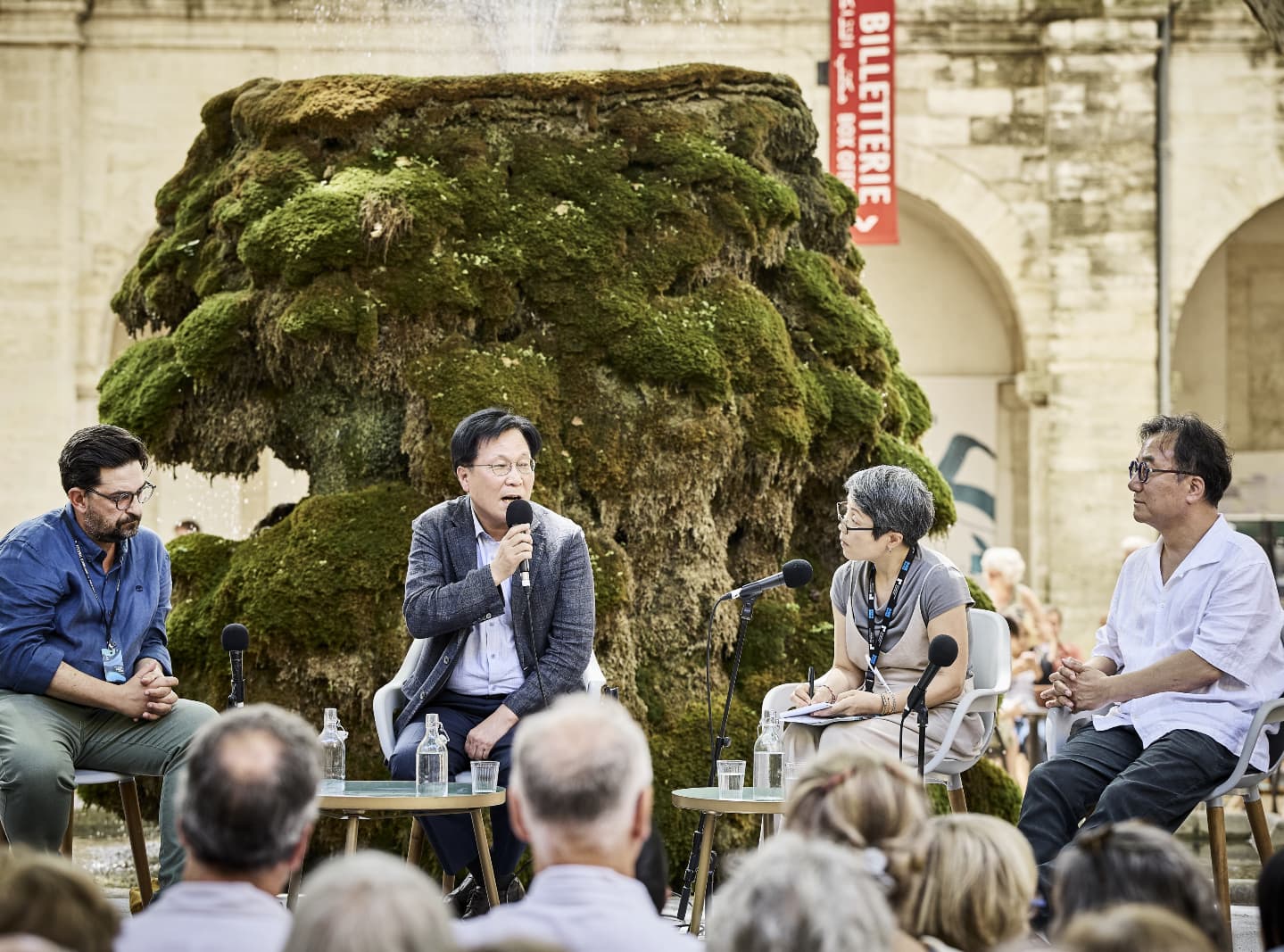 Kim Jang-ho (second from left), president of the Korea Arts Management Service (KAMS), on July 22, 2025, discusses performing arts in Korea along with the Avignon Festival's artistic director Tiago Rodrigues (left) and representatives from the Seoul Performing Arts Festival in Avignon, France. (KAMS)  