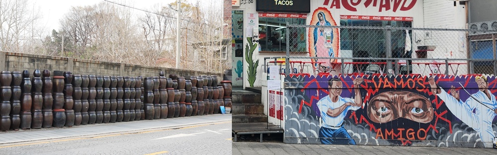 On the left are earthenware pots lining the alley leading from the entrance to Haebangchon near Exit 2 of Noksapyeong Station on Seoul Subway Line 6, and on the right is a store reflecting its owner's unique personality. (Lee Jeongwoo)