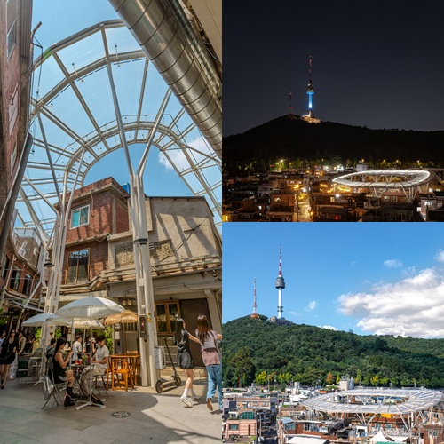 On the left is the Cloud Roof of Shinheung Market in Haebangchon. The top and bottom right images show panoramic views of the roof taken from the outside at night and during the day. (Urban Idea Agency, Shin Jaeik and Dongha Kim)  