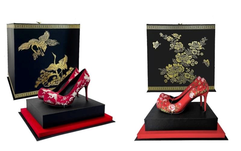 The designs of the shoes, along with their boxes, created by RIU & VIU. The crane design (left) and peony flowers (right). Courtesy of RIU & VIU
