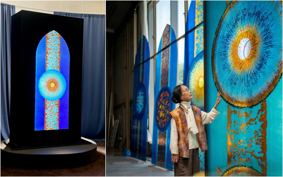 A replica (left) of the stained glass window 