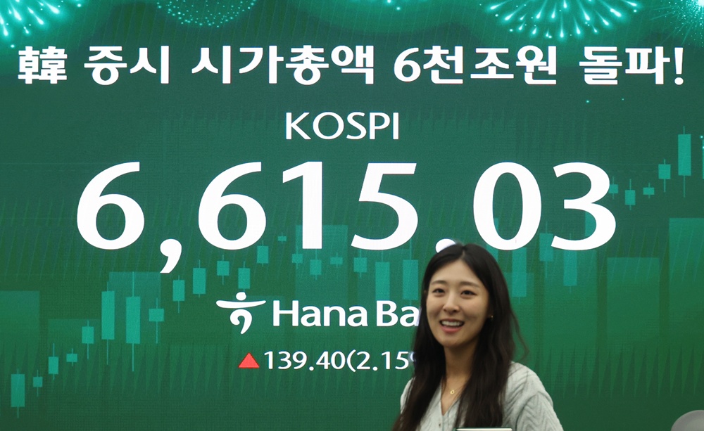 The Korea Exchange on April 27 said the main stock price index KOSPI closed at 6,615.03, up 139.40 points (2.15%) from the previous trading day as shown on the electronic board at the dealing room of Hana Bank headquarters in Seoul's Jung-gu District. (Yonhap News)  