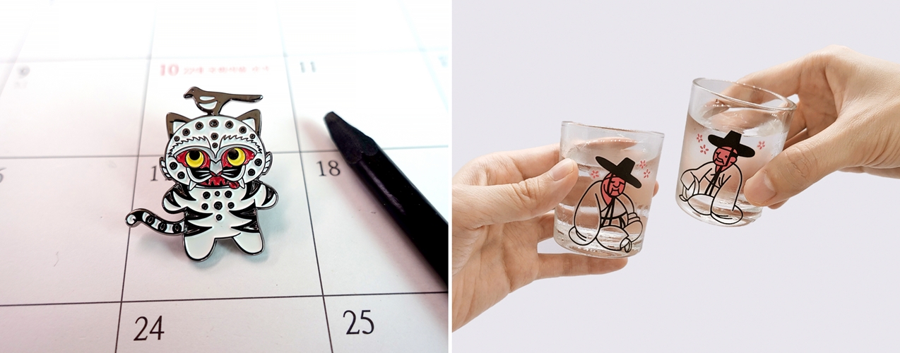 Magpie Tiger badge (left) and Changing Soju Glass Set (Tipsy Scholar Color) 