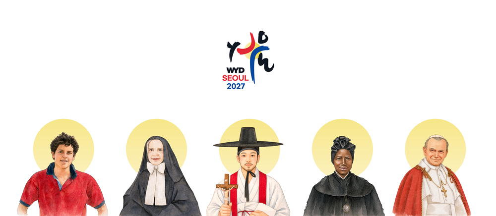 The Vatican's Dicastery for Laity, Family, and Life and the organizing committee for the 2027 World Youth Day (WYD) in Seoul on April 26 announced their selection of five patron saints for the event: (from left) St. Carlo Acutis, St. Frances Xavier Cabrini, St. Andrew Kim Taegon, St. Josephine Bakhita and St. Pope John Paul II. (WYD Seoul's organizing committee)