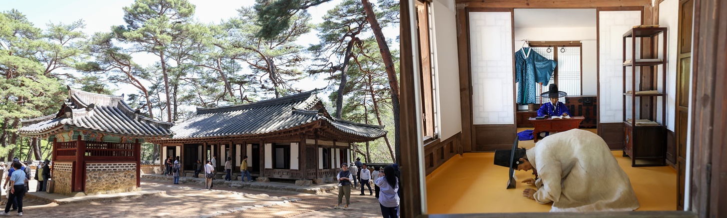 The main building (left) of King Danjong's royal residence had separate quarters for court ladies and servants. Wax figures (right) depict the scene at the time. 