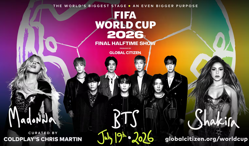 BTS on July 19 will perform with global pop superstars Madonna and Shakira at the halftime show of the final of the FIFA World Cup soccer finals in North America. (FIFA)