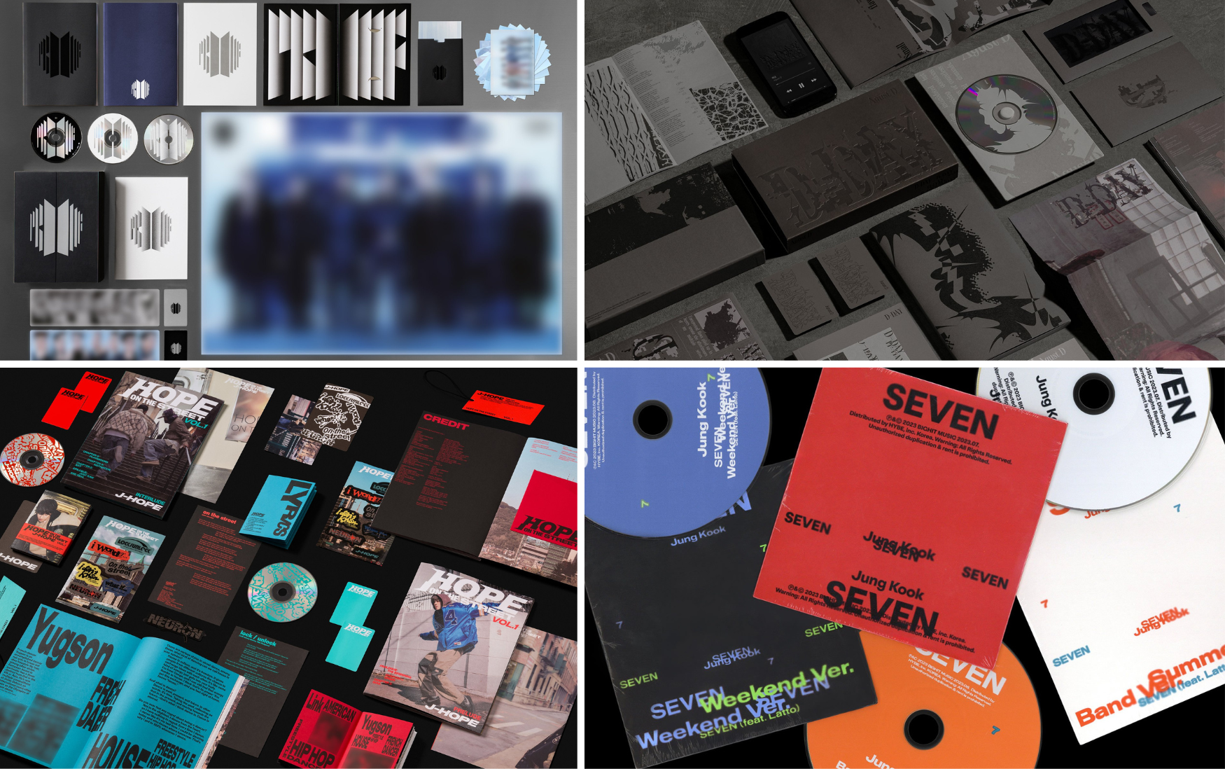 From left clockwise are album artwork and packaging designed by Ordinary People for BTS' 