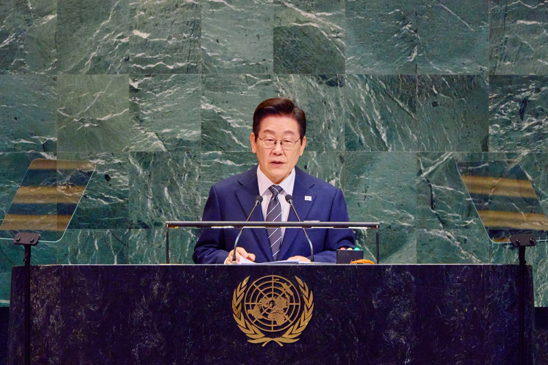  President Lee Jae Myung on Sept. 23, 2025, gives a keynote speech at the United Nations General Assembly in New York. (Cheong Wa Dae) 