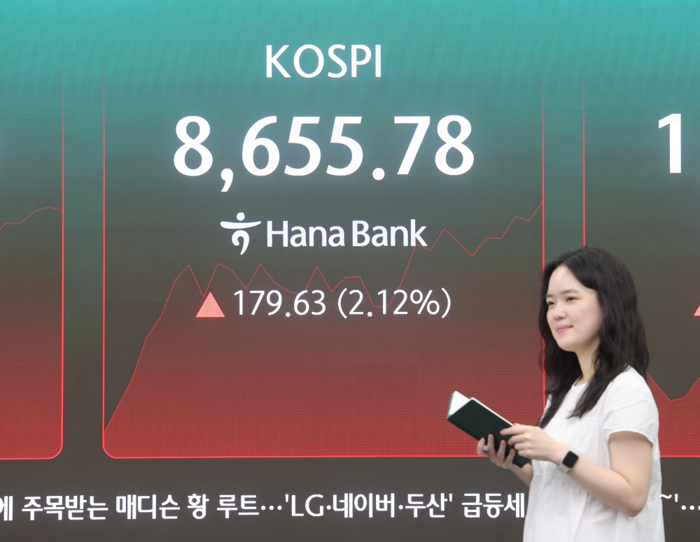 KRW-USD trading from July 6 will be available 24 hours on the foreign exchange market. Shown is a display on June 1 at the trading room of Hana Bank headquarters in Seoul's Jung-gu District showing the main stock market KOSPI breaking 8,600 for the first time in history in intraday trading. (Yonhap News)