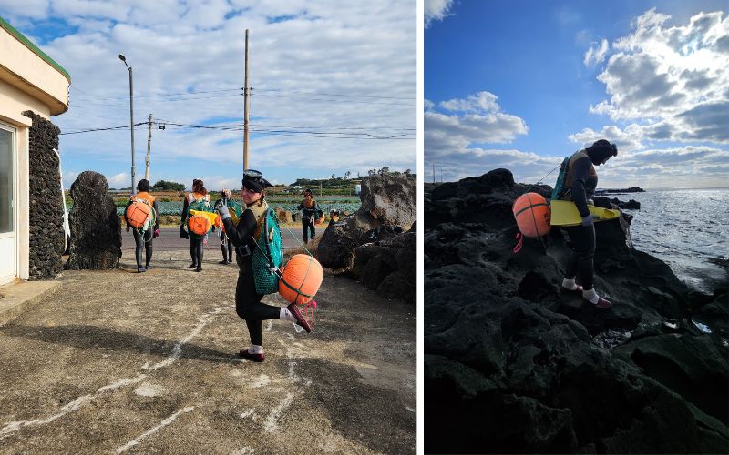 (Left) Kylie Genter and her fellow divers heading to dive in Jeju in November 2025, Genter gets ready for the dive along the coast of Yeongrak-ri Village in November 2025.