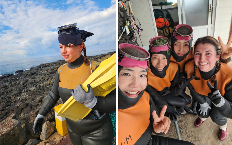 (Left) Kylie Genter heads to the shore before a dive at the coast of Yeongrak-ri Village in November 2025, (right) Kylie Genter poses for a photo with her fellows (from left to right) Kim Minhee, Kim Sunhee and Jeong Saehee in Yeongrak-ri Village in April 2026.