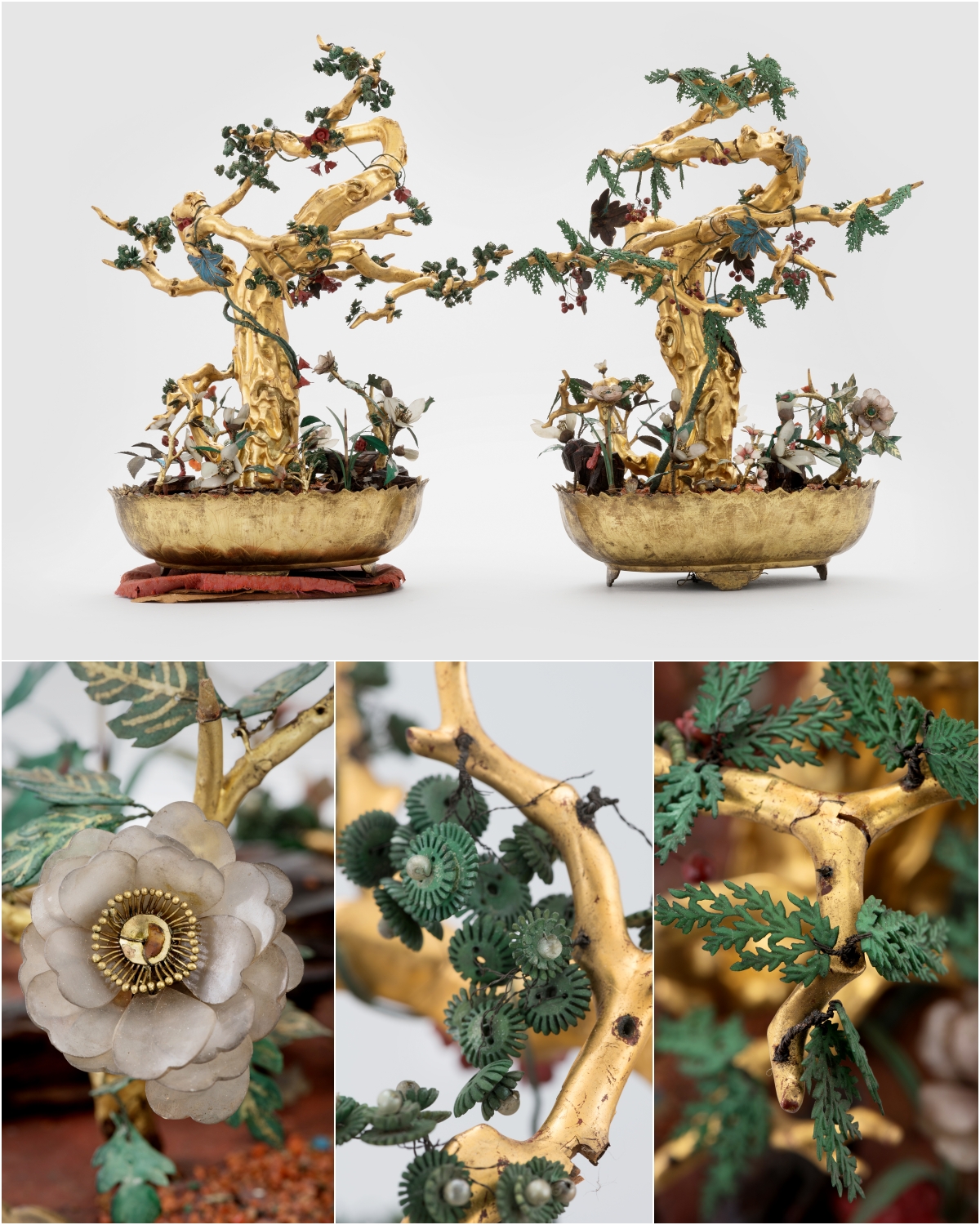 Shown are details of the original banhwa. From the bottom left are a peony symbolizing wealth and luck and pine and cypress trees signifying longevity. (Korea Heritage Service) 