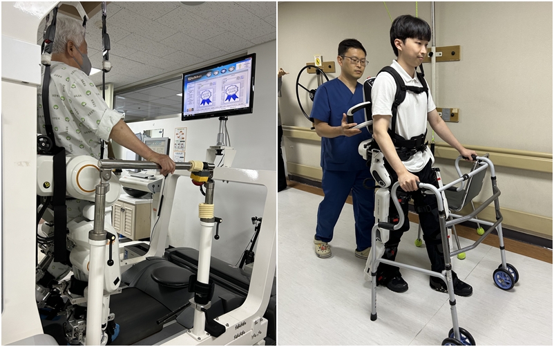 A patient (left) uses the Walkbot in a robot therapy session at the VHS Medical Center's rehabilitation section, and another (right) uses Angel Legs during rehabilitation. Patients with brain injuries advance from the Walkbot to Angel Legs based on recovery stage.   margareth@korea.kr  