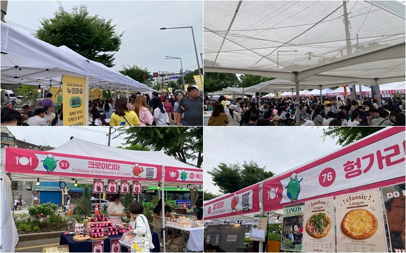 The rest area inside the venue has a wide selection of international dishes. The Croatian Embassy booth (lower left) featured traditional jams and that of the Hungarian Embassy (lower right) sold the traditional deep-fried flatbread Langos. 