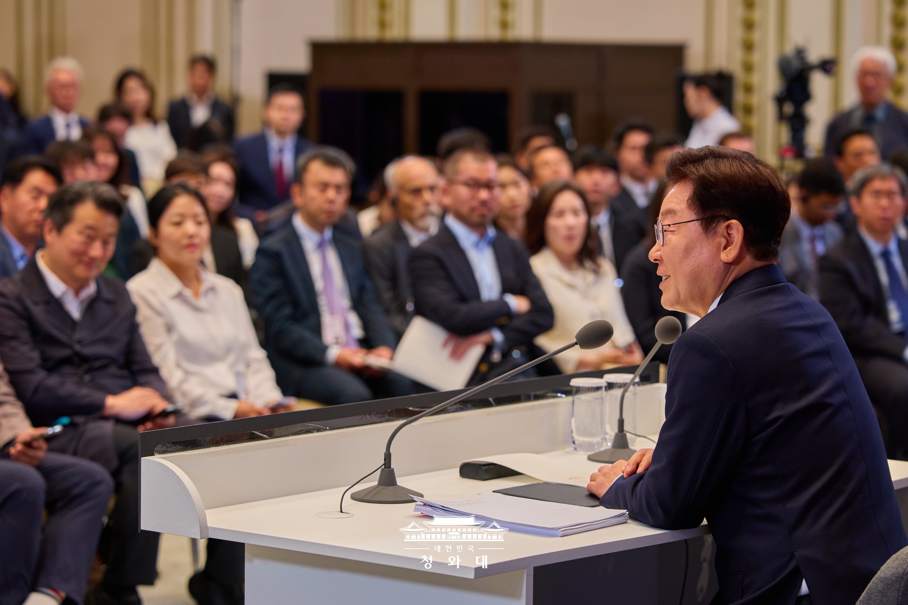 President Lee Jae Myung on June 8 speaks at a news conference marking his first year in office at the official guesthouse Yeongbingwan of Cheong Wa Dae in Seoul's Jongno-gu District.