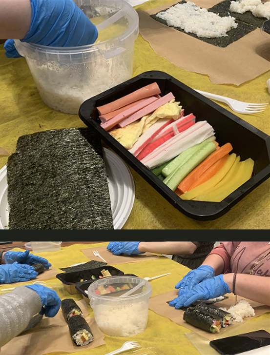 Participants on May 15 take part in the gimbap (seaweed rice rolls) workshop at the Korean Wave Festival held at the MTC Live Hall at Vokzal 1853 in Saint Petersburg, Russia.